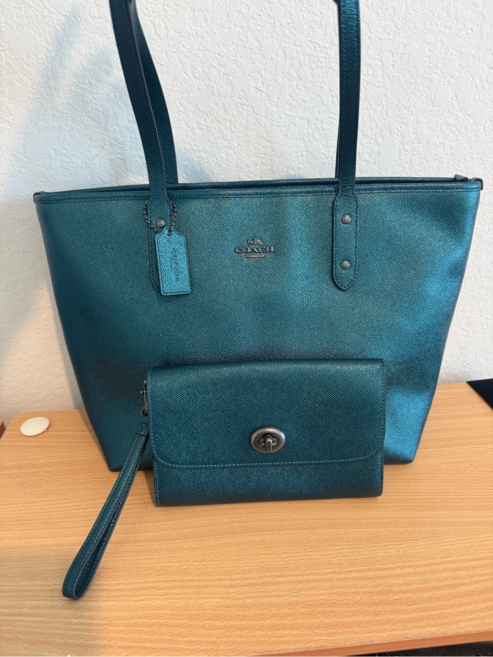 Coach Teal Metallic Tote Bag with Matching Clutch Wristlet